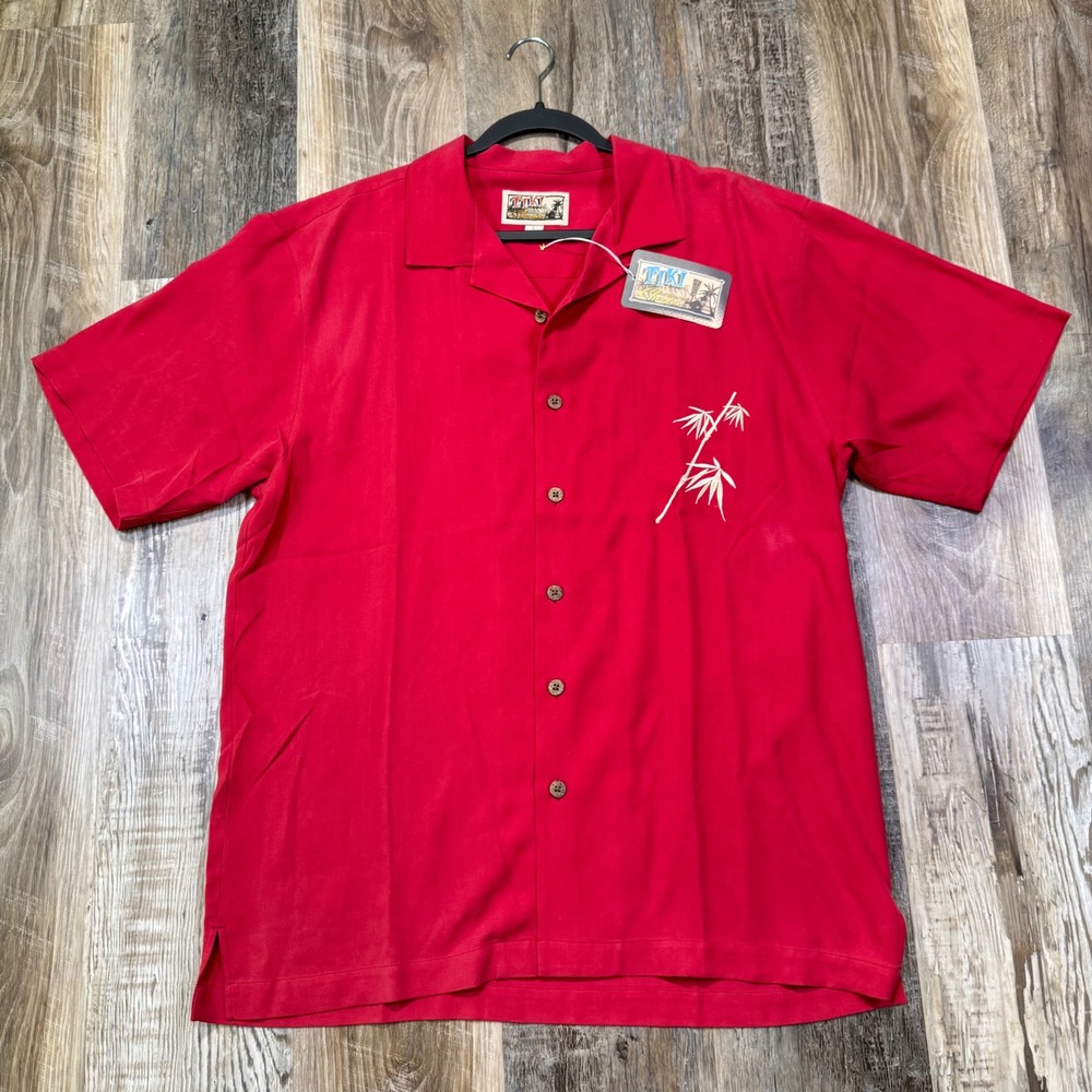 Vintage NWT Tiki‎ Classics Shirt Mens L Red Bamboo Button Down Aloha 100% Silk